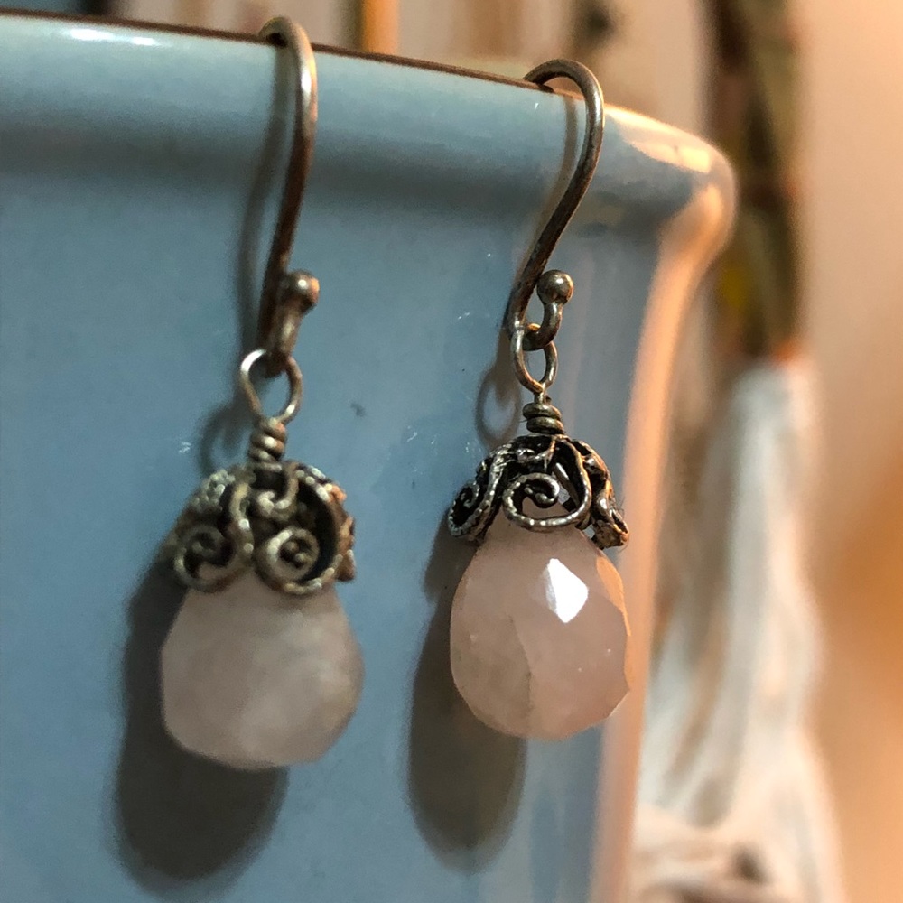 Real Silver Filigree Pink Stone Earrings